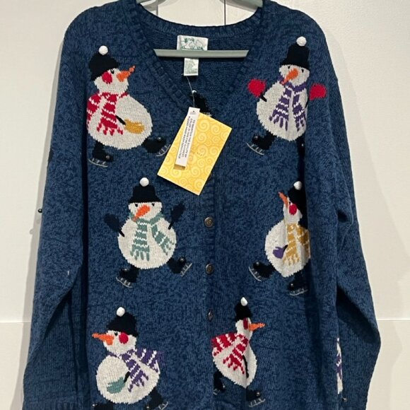 NWT QVC Quacker Factory Blue Snowman Christmas Cardigan Sweater Jingle Bells 2X - Picture 1 of 11